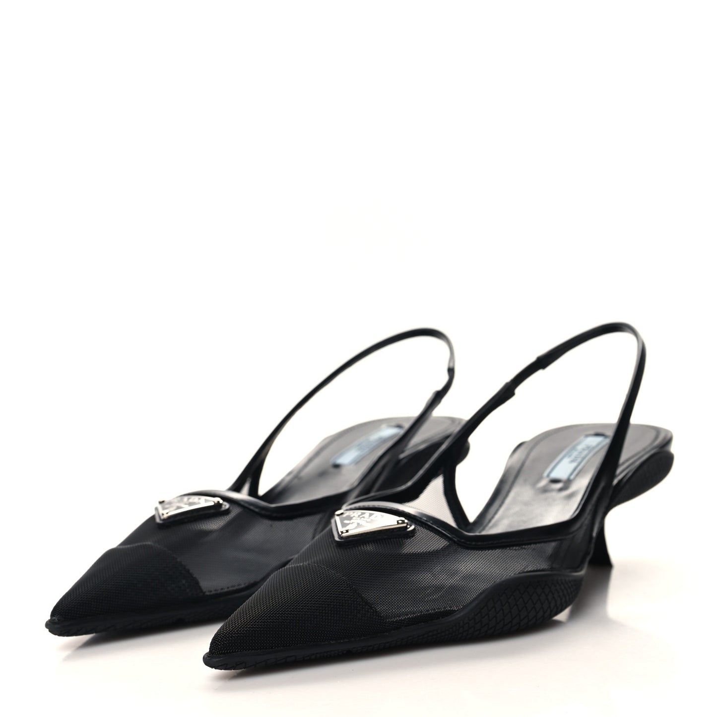 Mesh Nappa Triangle Logo Pointed Toe 45mm Slingback Pumps 36.5 Black