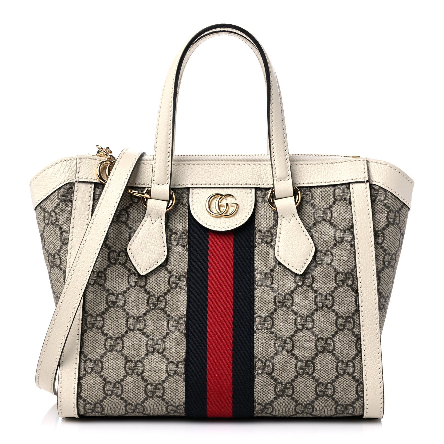 GG Supreme Monogram Textured Dollar Calfskin Web Small Ophidia Tote Bag Beige Ebony Mystic White