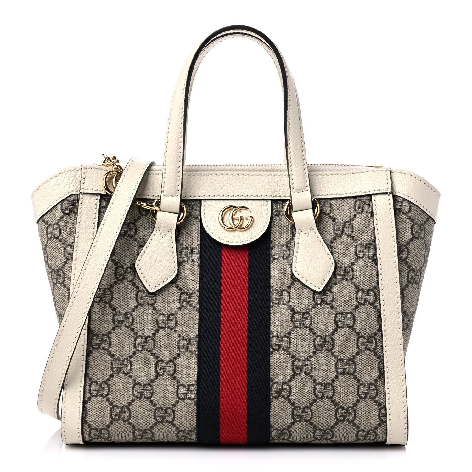 Gucci GG Supreme Monogram Textured Dollar Calfskin Web Small Ophidia Tote Bag Beige Ebony Mystic White 1 of 10