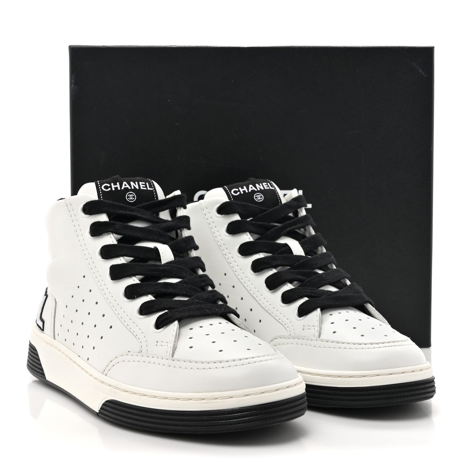 Chanel Calfskin Womens Logo High Top Sneakers 38 Black White 10 of 10