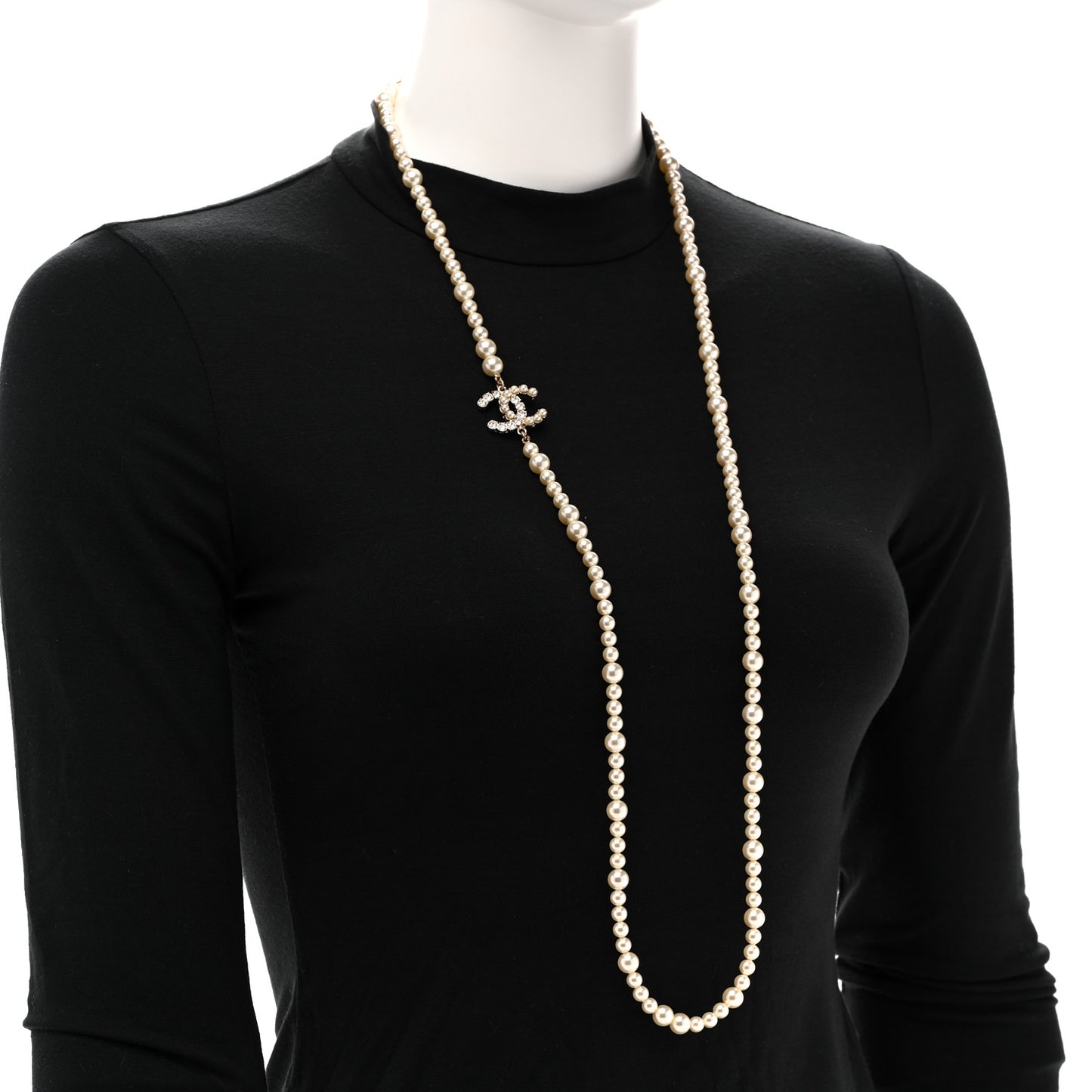 Pearl Baguette Crystal CC Long Necklace Gold