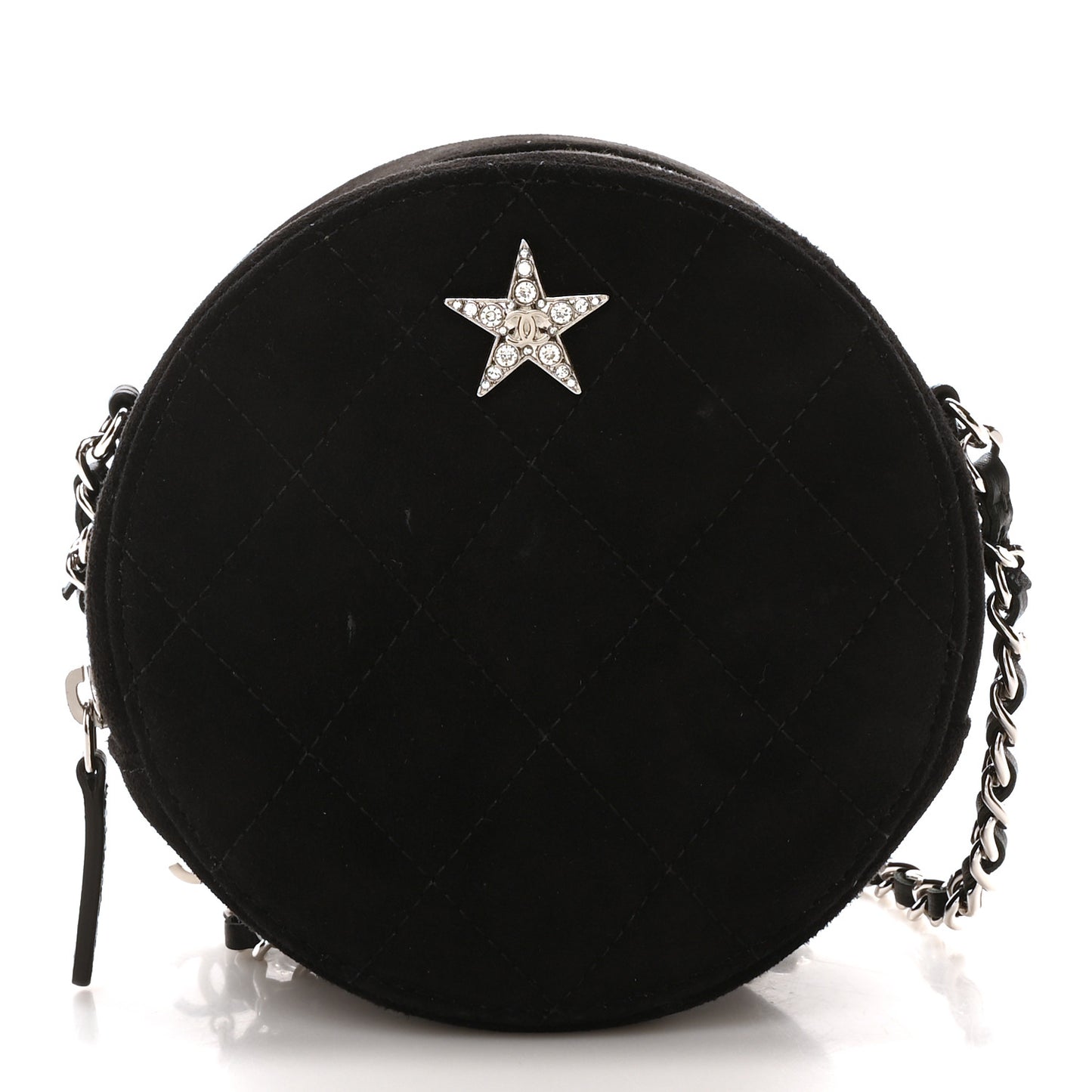 Suede Quilted Crystal Round Clutch With Logo Chain Black