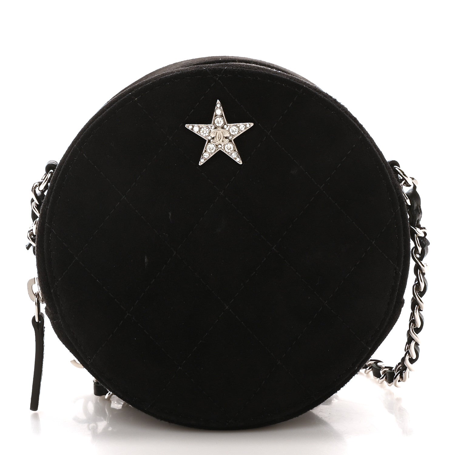 Chanel Suede Quilted Crystal Round Clutch With Logo Chain Black 1 of 10