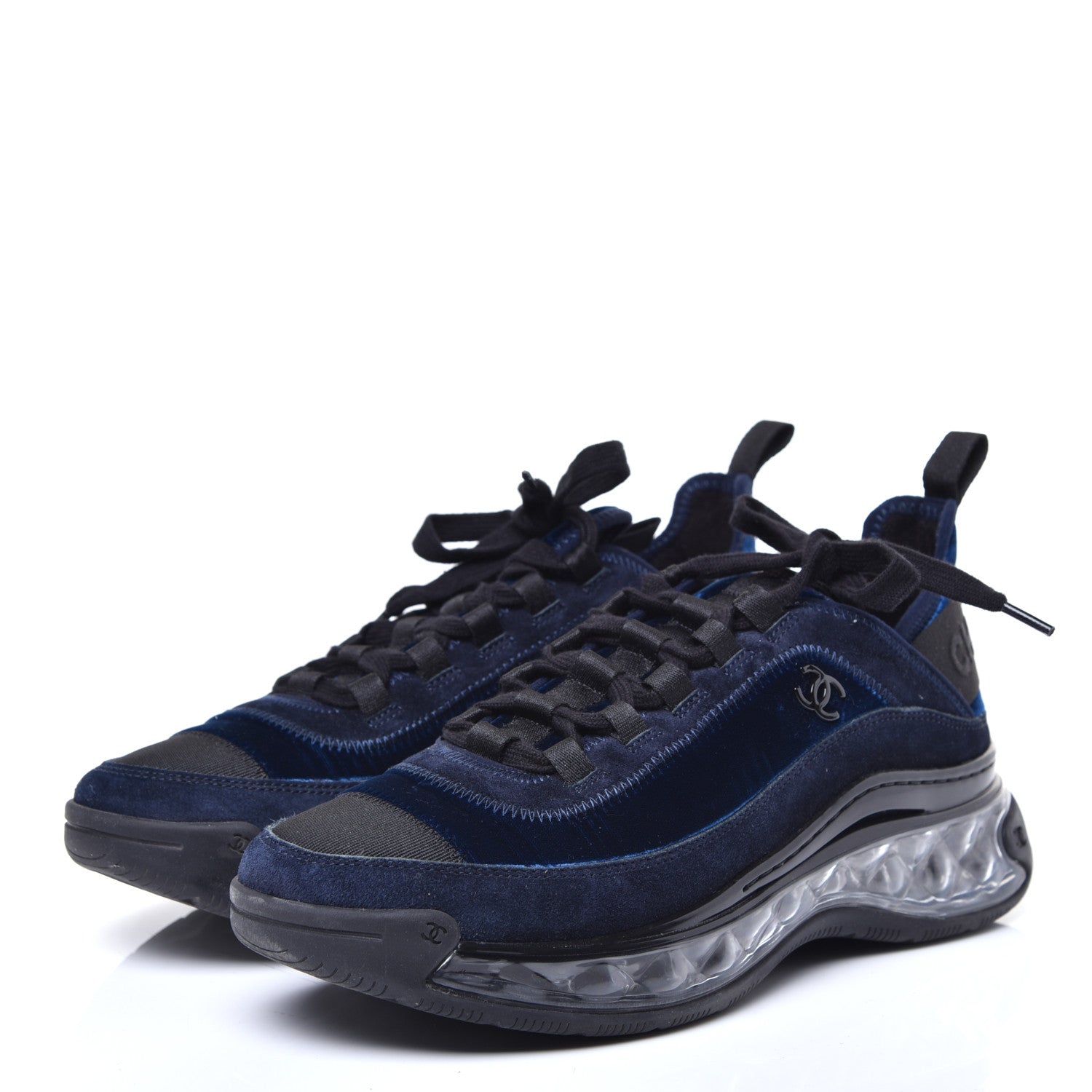 Chanel Suede Calfskin Velvet Grosgrain CC Sneakers 38.5 Navy Blue Black 3 of 9