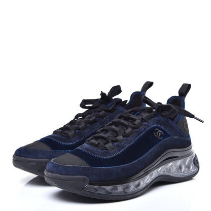 Chanel Suede Calfskin Velvet Grosgrain CC Sneakers 38.5 Navy Blue Black 3 of 9
