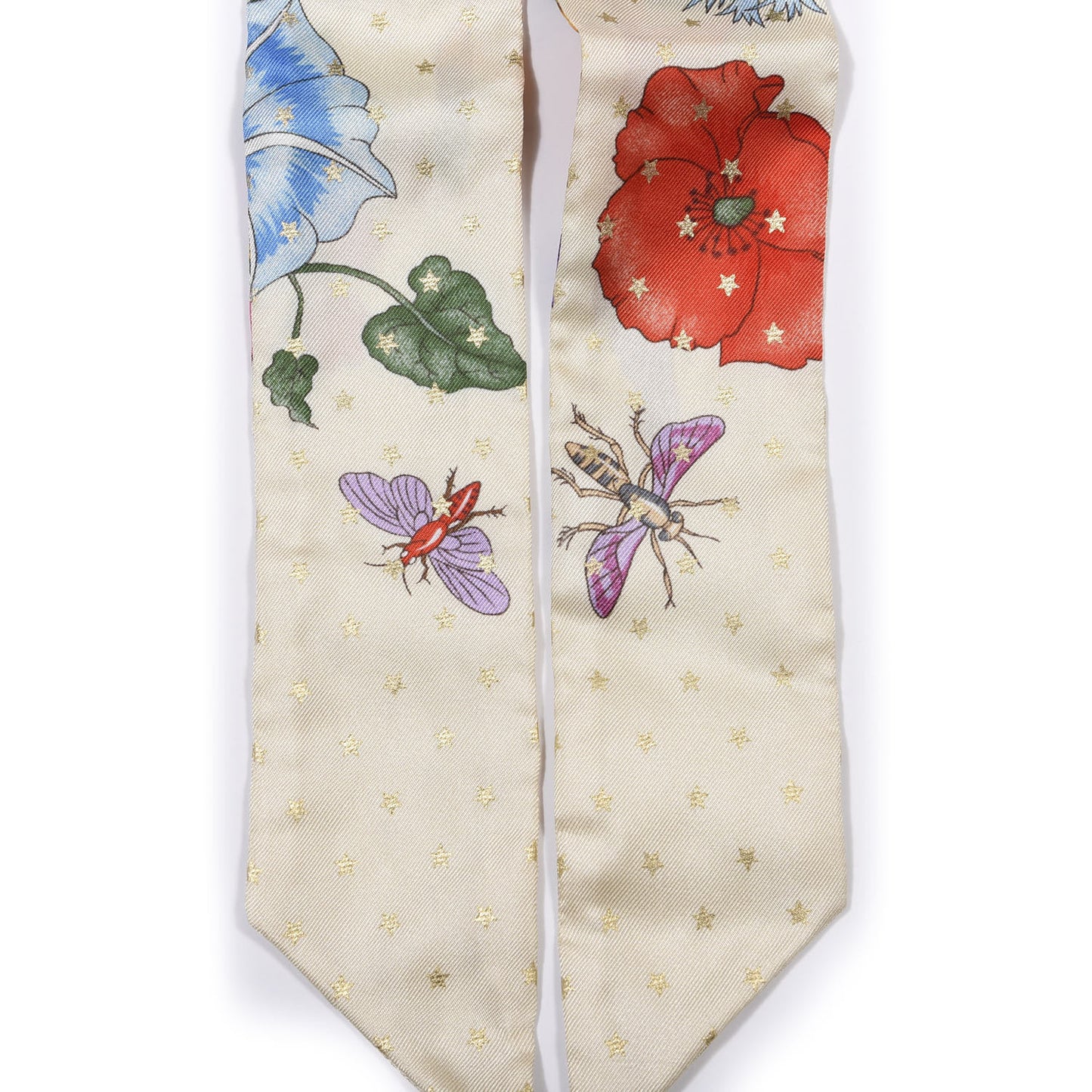 Twill Silk Flora Star Print Neck Bow Scarf Ivory