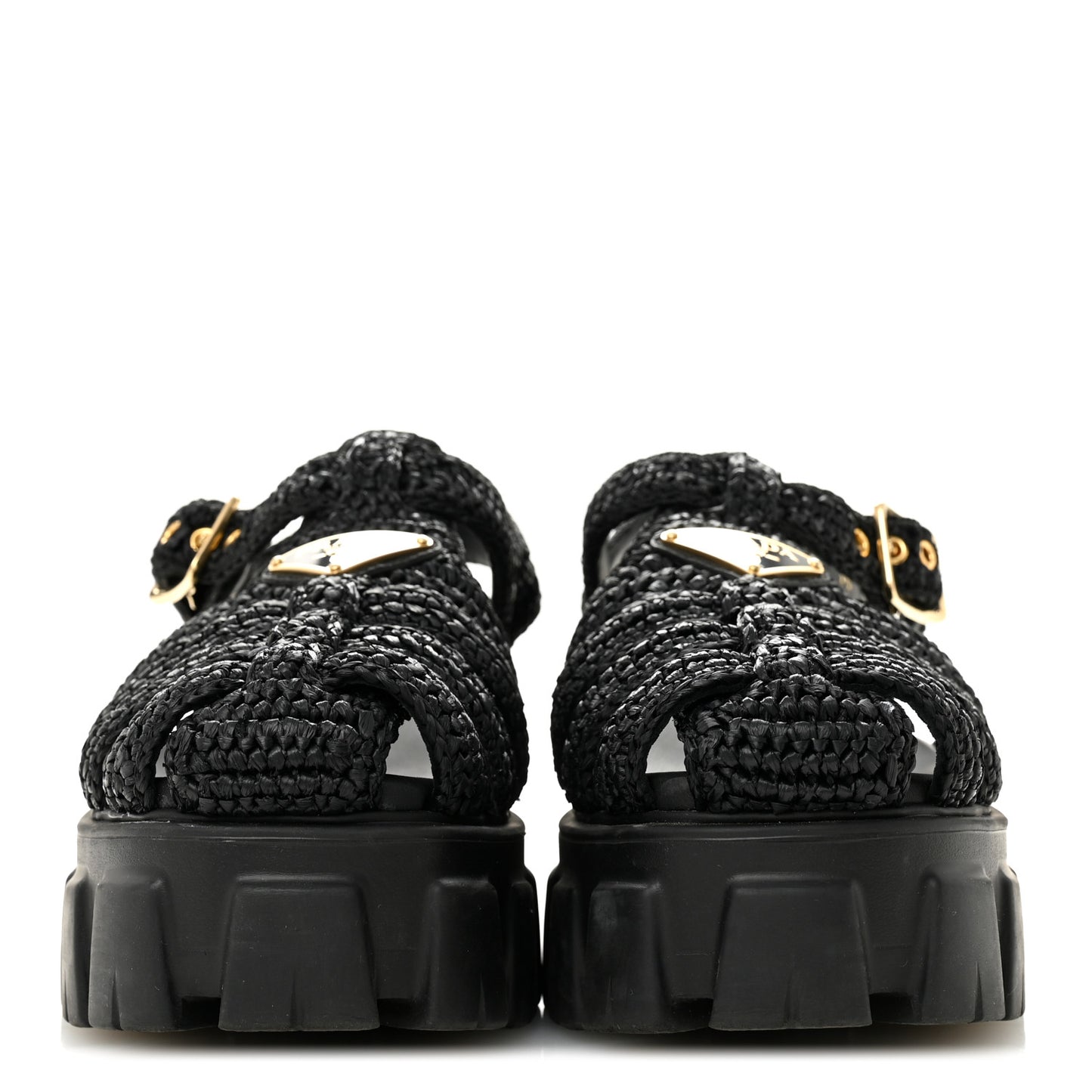 Raffia Metal Triangle Logo Crochet Monolith 55mm Cage Sandals 36 Black
