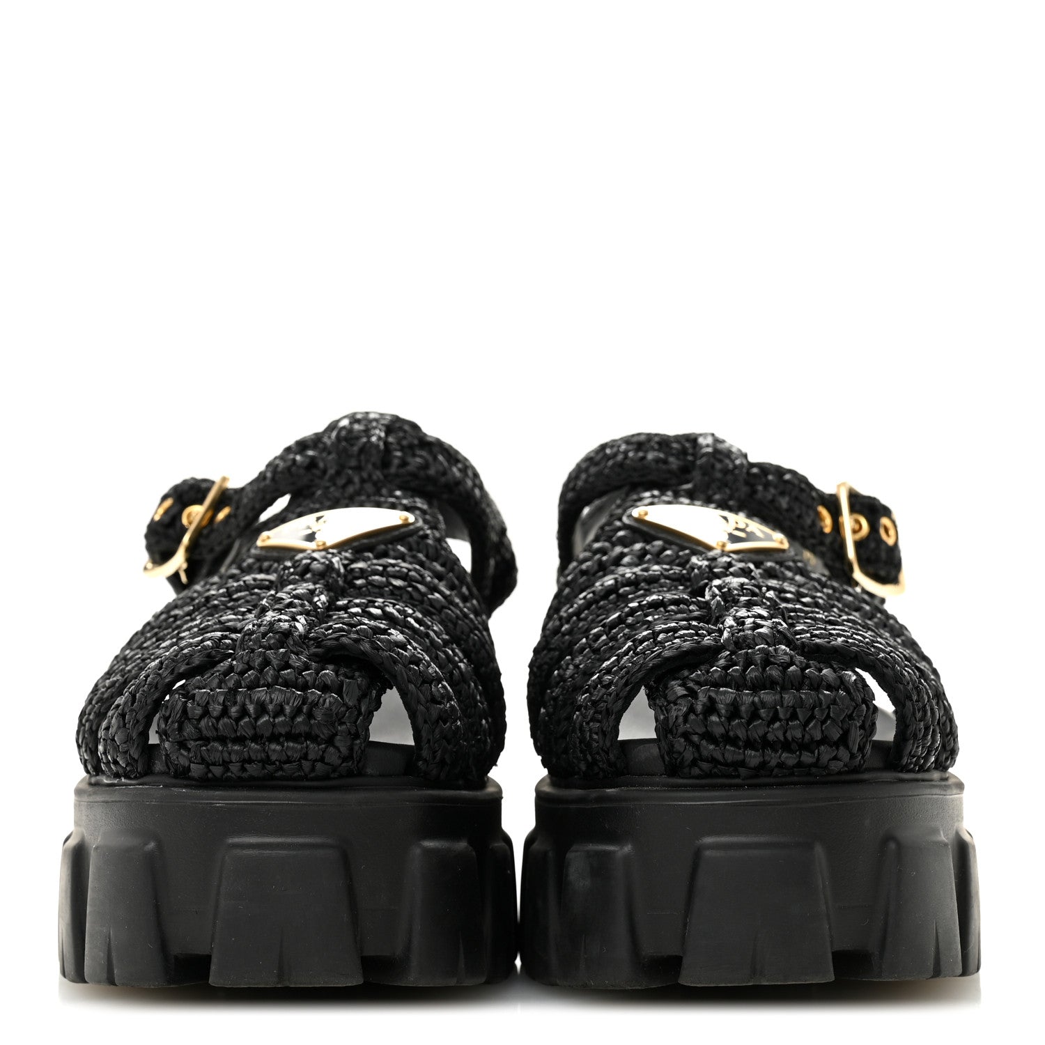 Prada Raffia Metal Triangle Logo Crochet Monolith 55mm Cage Sandals 36 Black 3 of 10