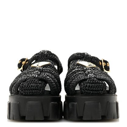 Prada Raffia Metal Triangle Logo Crochet Monolith 55mm Cage Sandals 36 Black 3 of 10