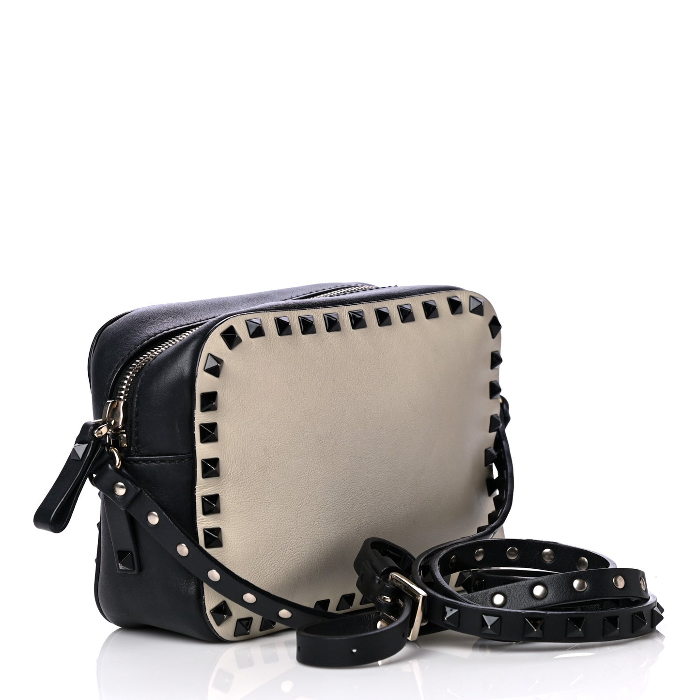 Calfskin Rockstud Camera Crossbody Bag Ivory Black