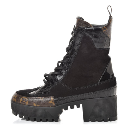 Louis Vuitton Suede Calfskin Monogram Laureate Platform Desert Boots 34.5 Black 1 of 8