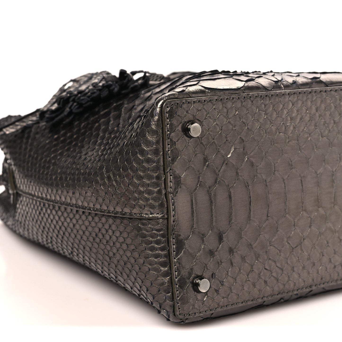 Metallic Snakeskin Small Double Tassel Bucket Bag Silver