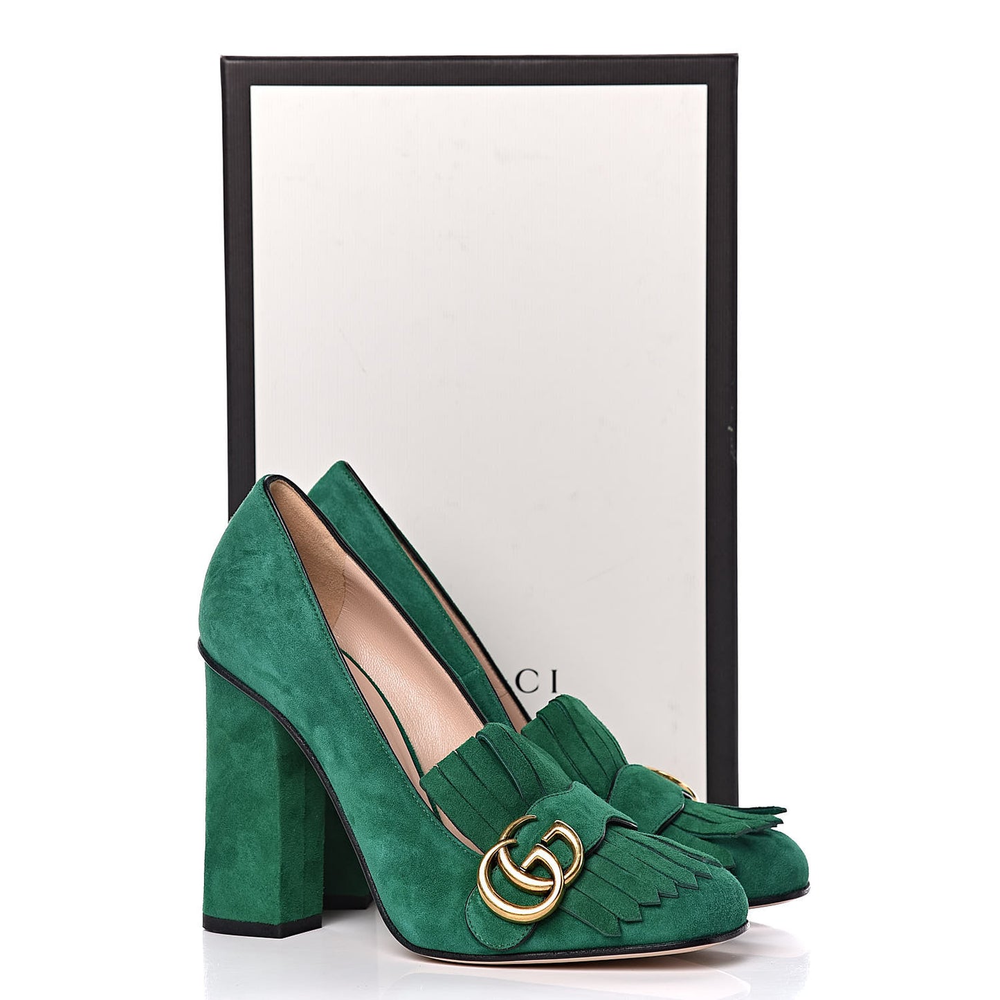 Kid Scamosciato GG Marmont Fringe 105mm Loafer Pumps 37 Emerald
