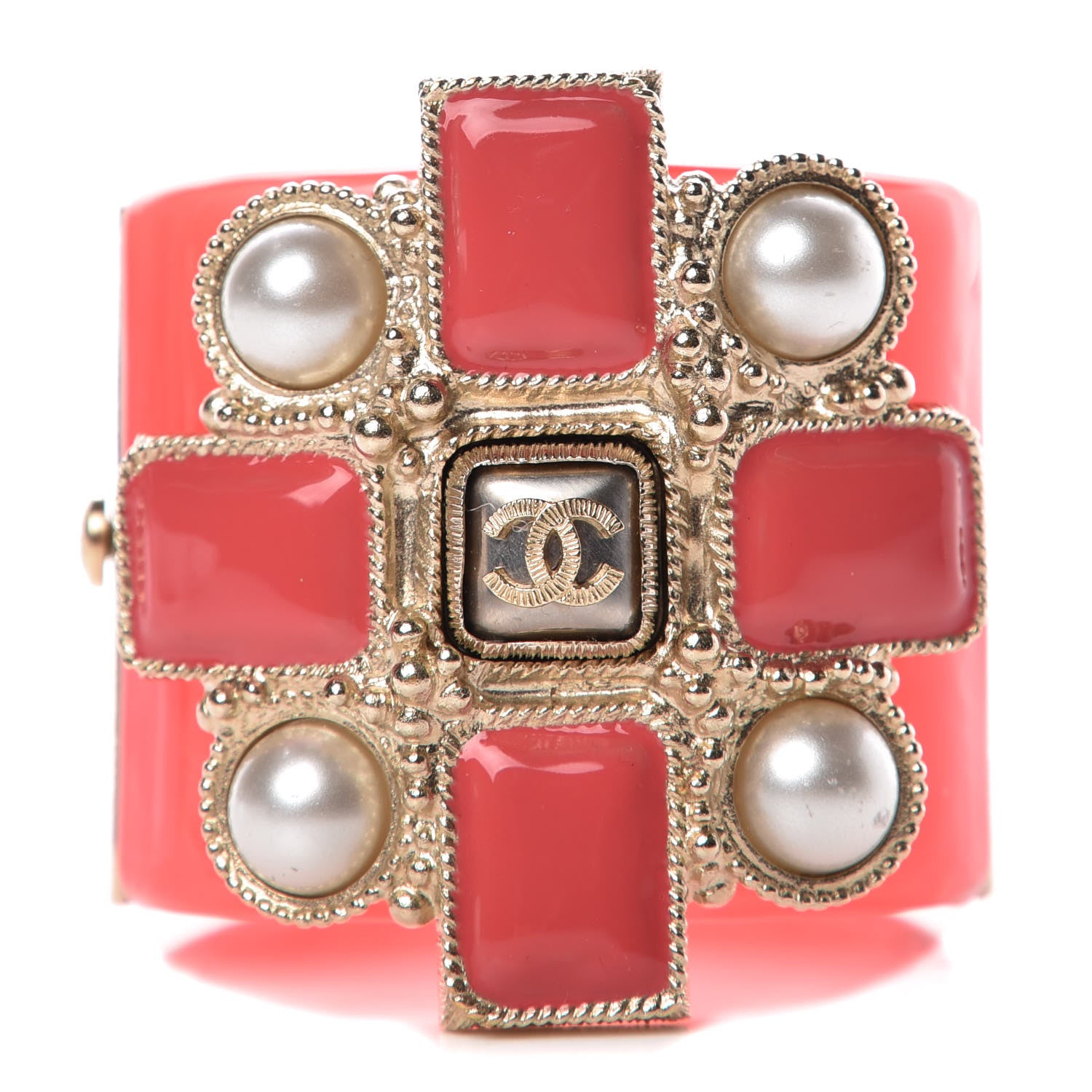 Chanel Resin Enamel Pearl CC Cabochon Cuff Pink 1 of 6