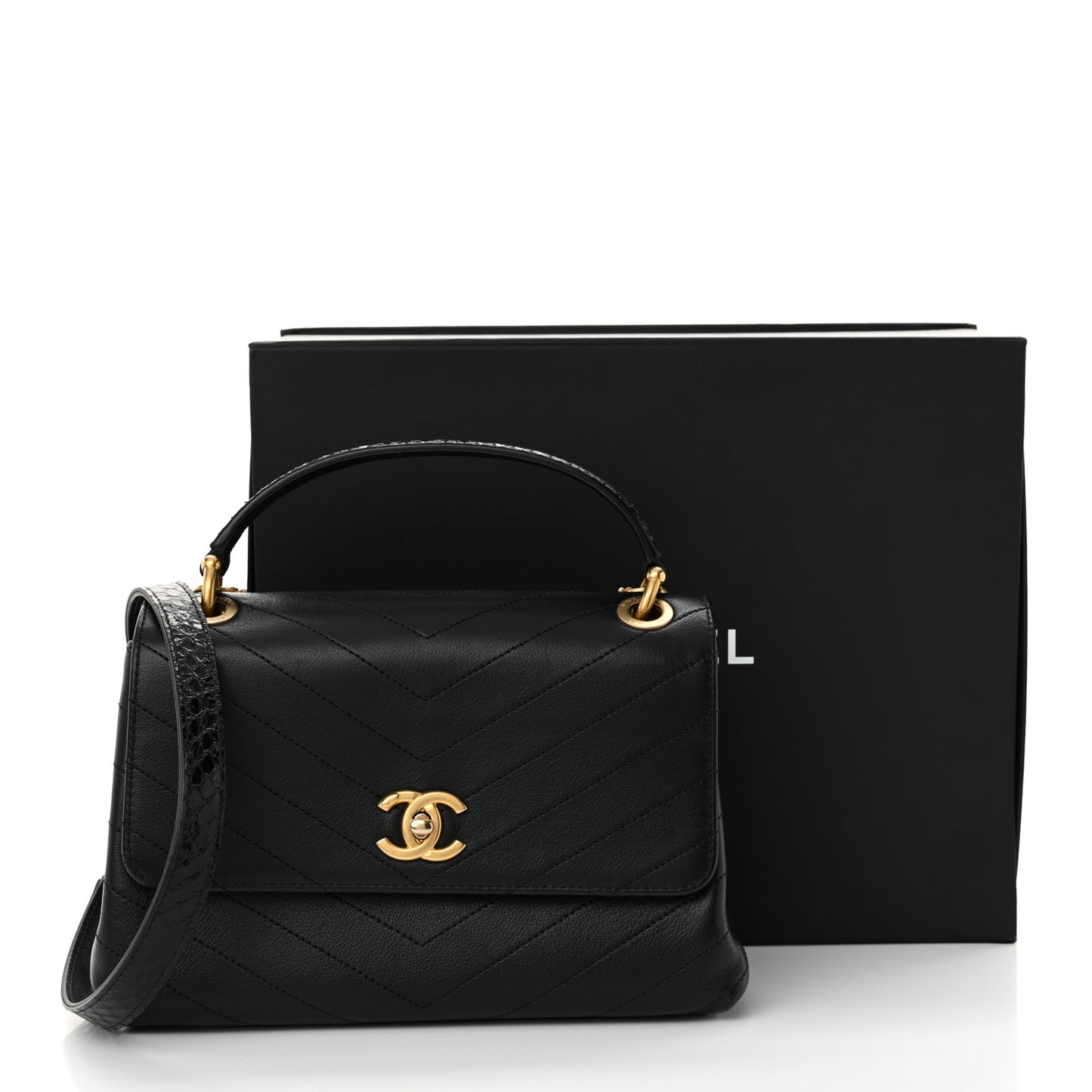 Grained Calfskin Snakeskin Small Chevron Chic Top Handle Flap Black