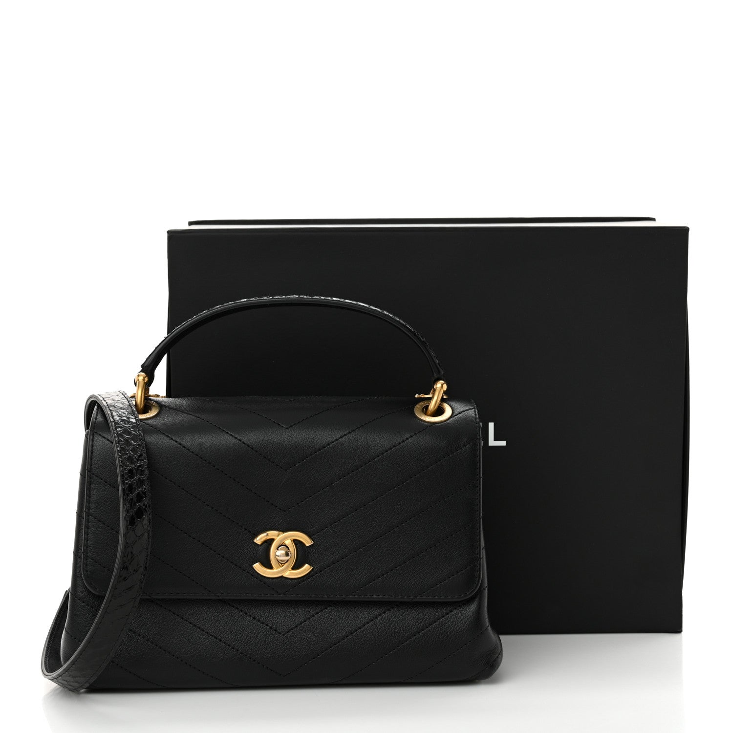 Chanel Grained Calfskin Snakeskin Small Chevron Chic Top Handle Flap Black 14 of 14
