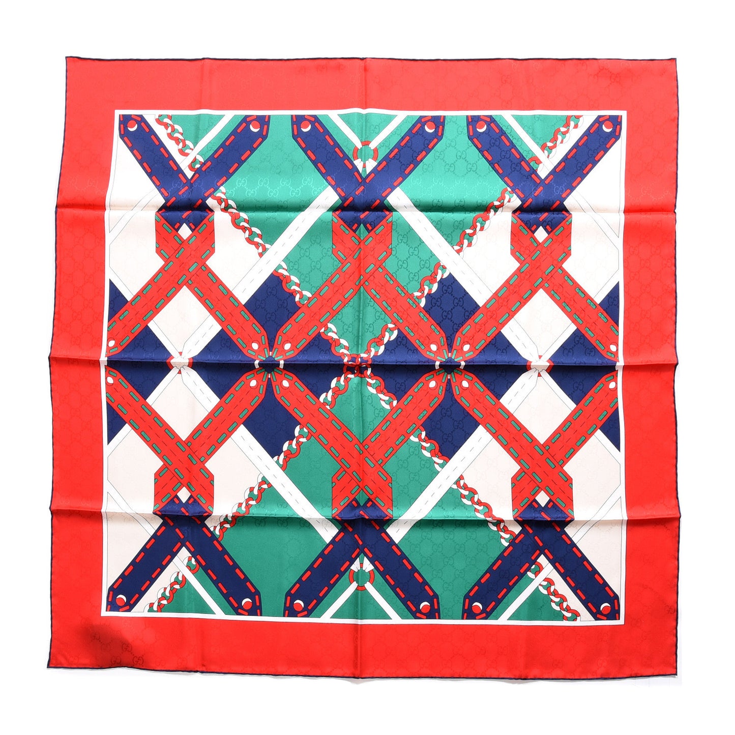 Silk Chain Argyle Square Scarf Emerald Red