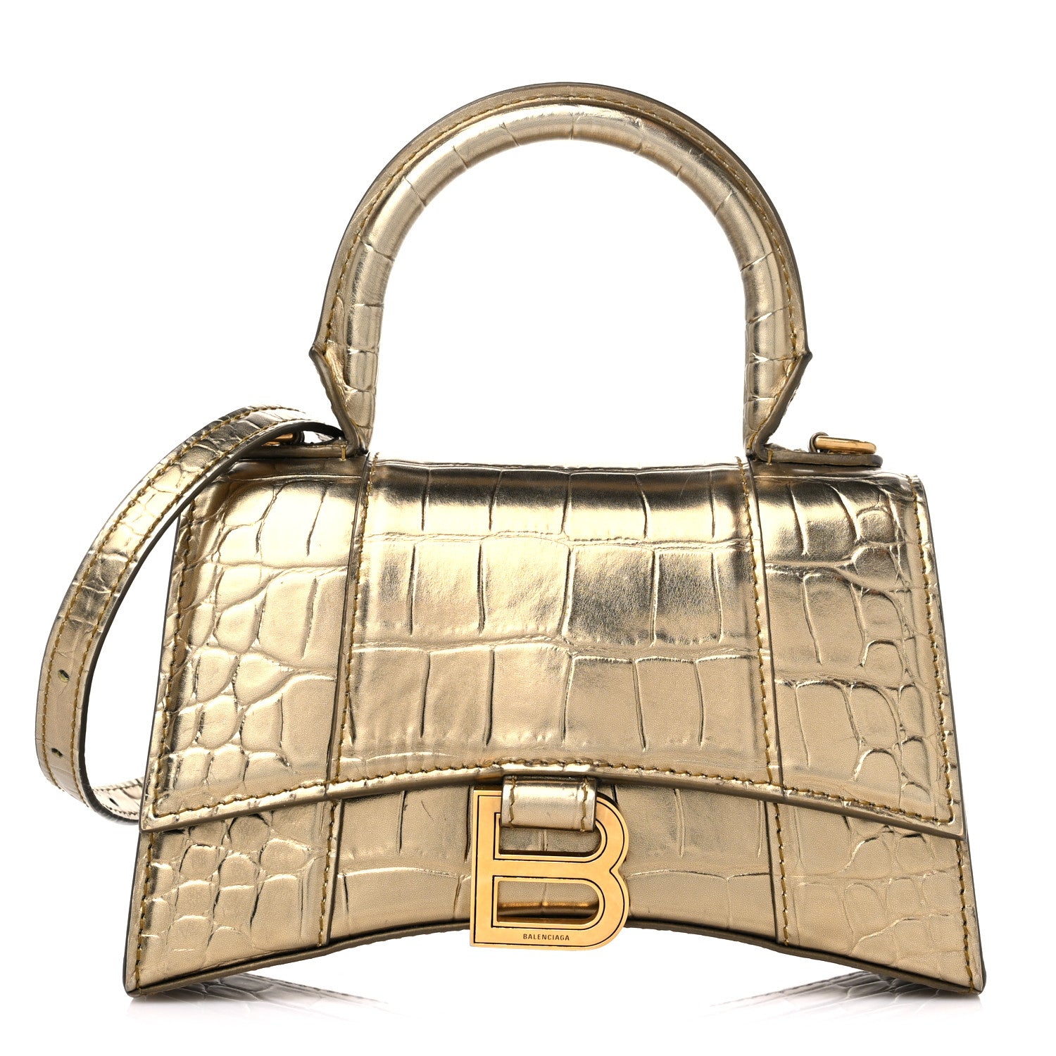 Balenciaga Metallic Calfskin Crocodile Embossed Hourglass Top Handle Bag XS Gold 1 of 14
