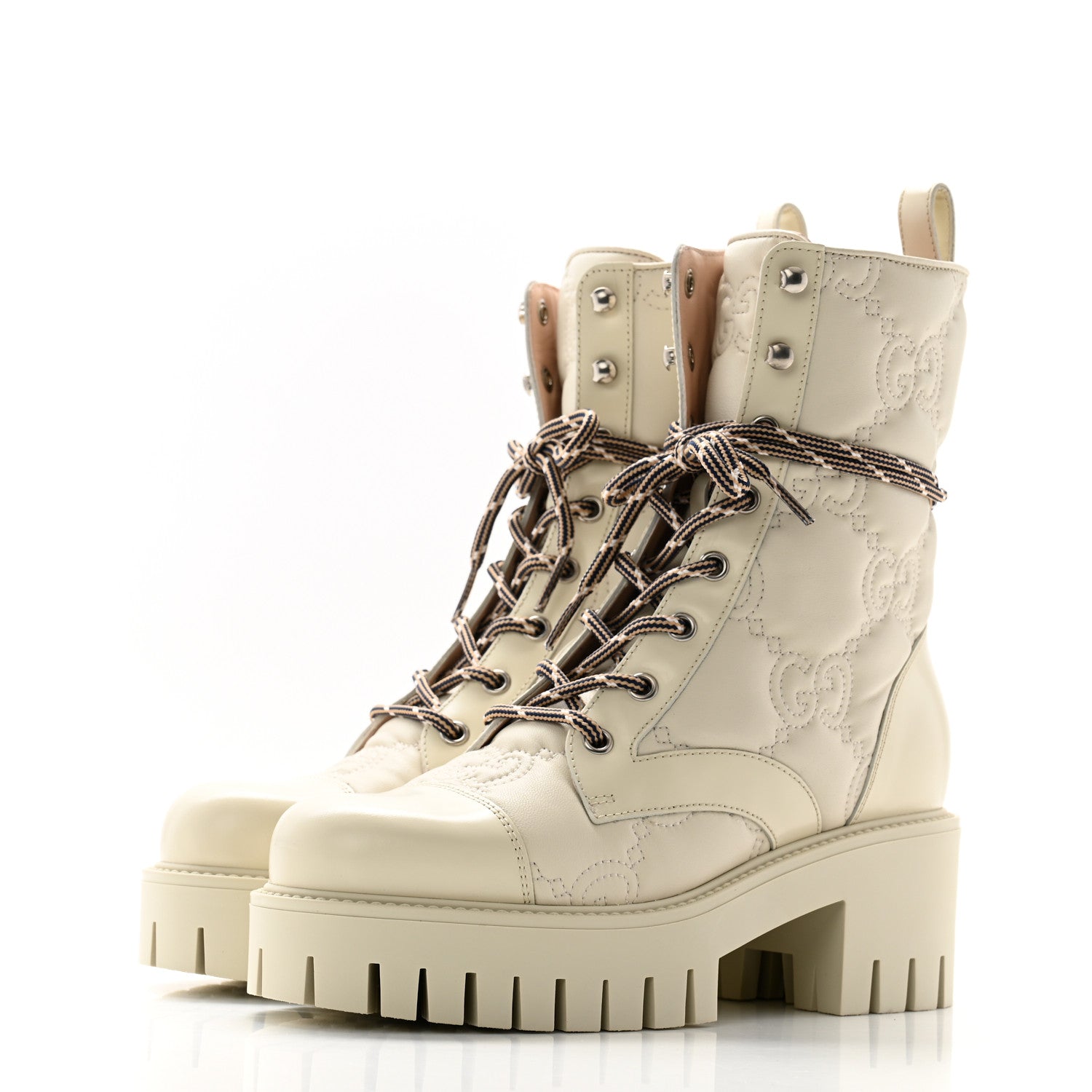 Gucci Cordovan Lux Nappa GG Matelasse Lace Up 60mm Combat Boots 36 Milk White 3 of 9