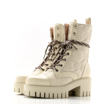 Gucci Cordovan Lux Nappa GG Matelasse Lace Up 60mm Combat Boots 36 Milk White 3 of 9