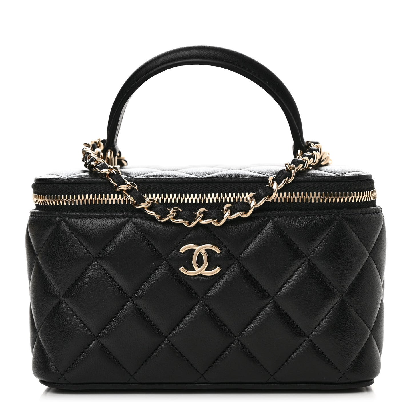 Lambskin Quilted Small Top Handle Vanity Case With Chain Black