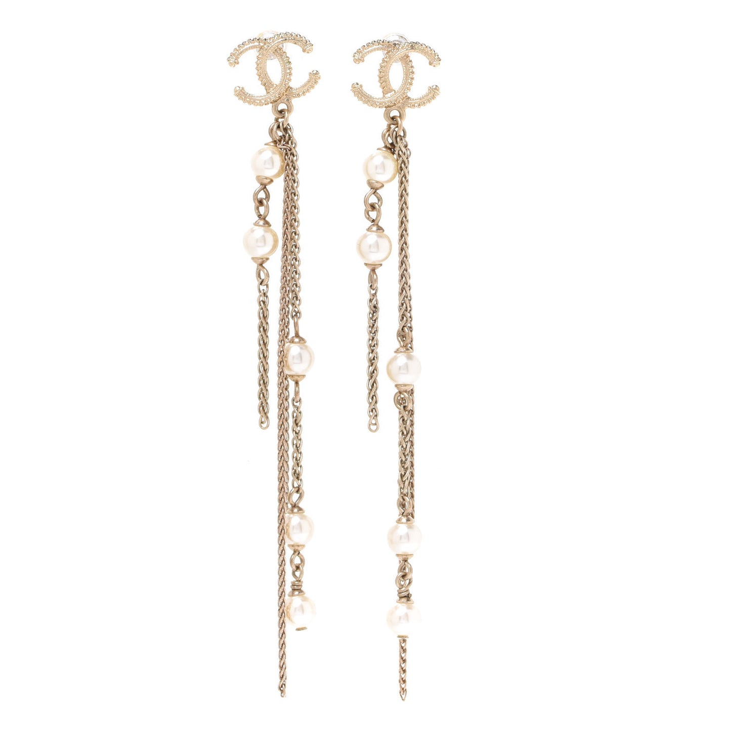 Glass Pearl CC Long Drop Earrings Gold