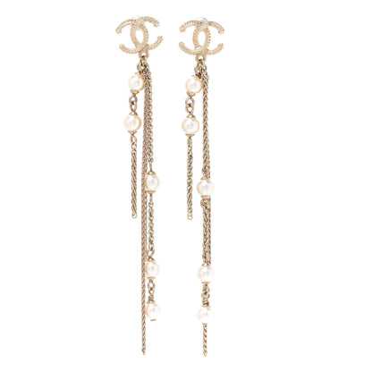 Chanel Glass Pearl CC Long Drop Earrings Gold 1 of 5