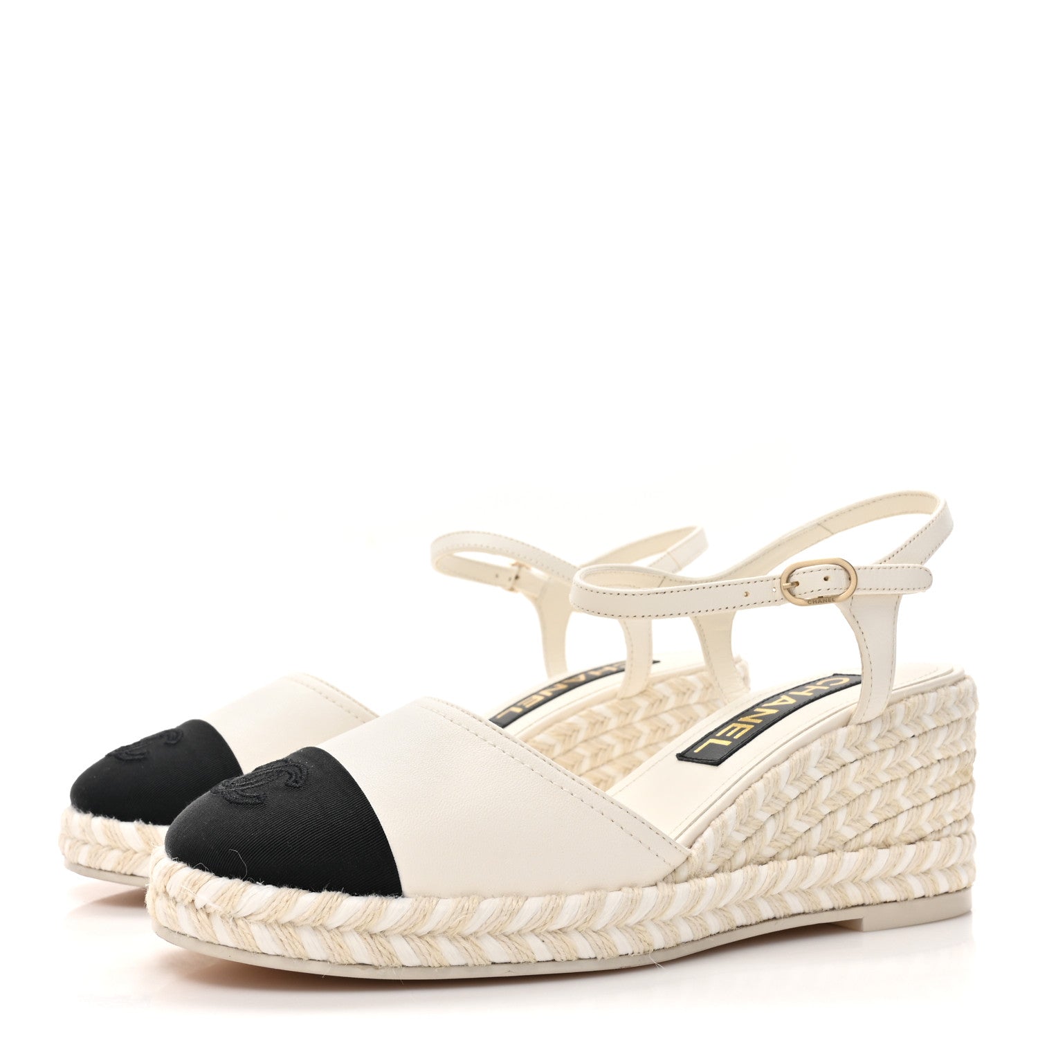 Chanel Lambskin Grosgrain CC Espadrilles Wedges 38 White Black 3 of 9