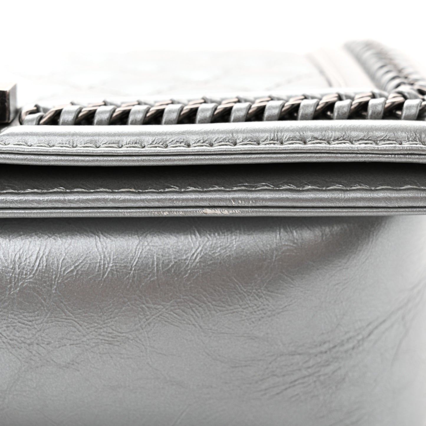 Metallic Aged Calfskin Quilted Medium Top Handle Boy Flap Silver