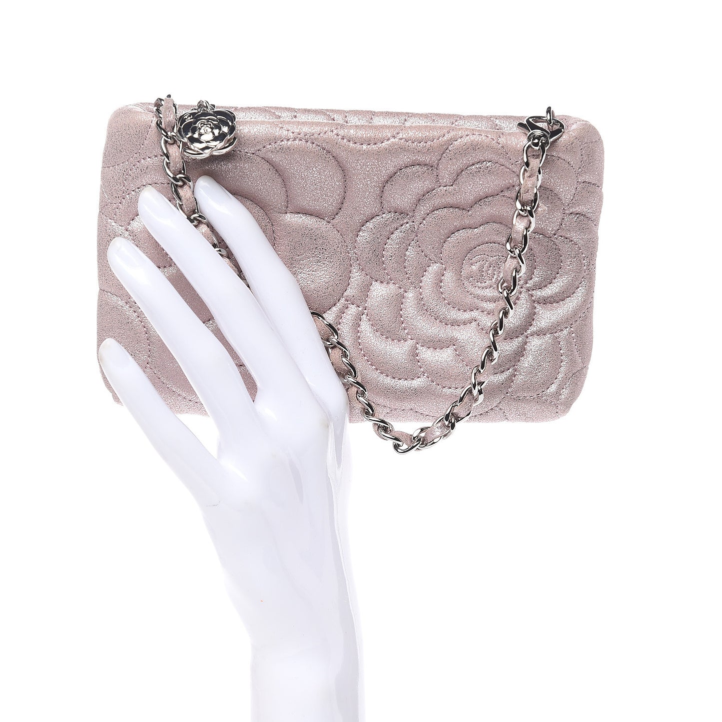 Metallic Goatskin Camellia Embossed Clutch Bag Pink