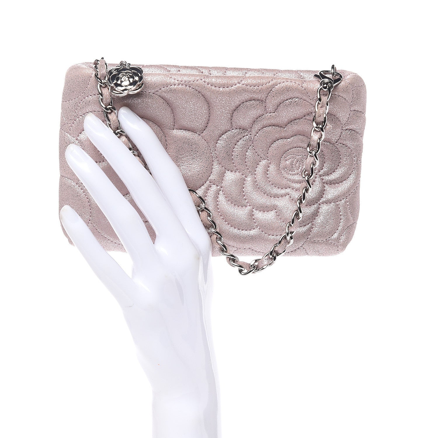 Chanel Metallic Goatskin Camellia Embossed Clutch Bag Pink 2 of 8