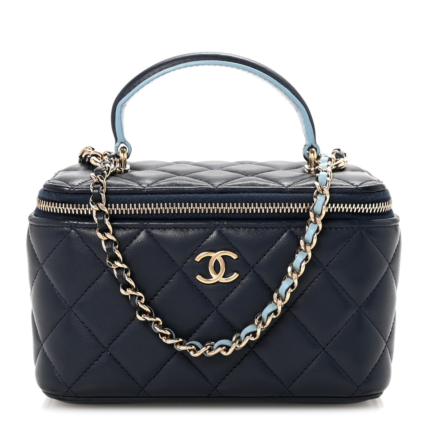 Lambskin Quilted Small Top Handle Vanity Case With Chain Dark Blue Light Blue