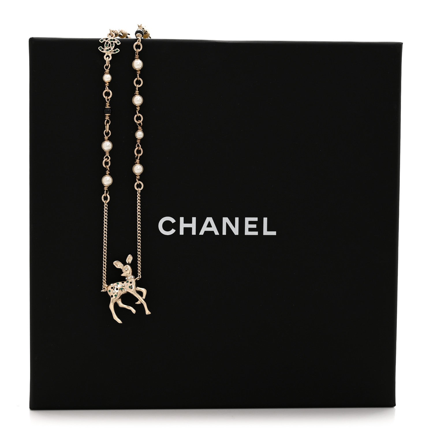Chanel Metal Crystal Pearl Deer Pendant Necklace Green Black Gold 6 of 6