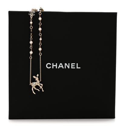 Chanel Metal Crystal Pearl Deer Pendant Necklace Green Black Gold 6 of 6