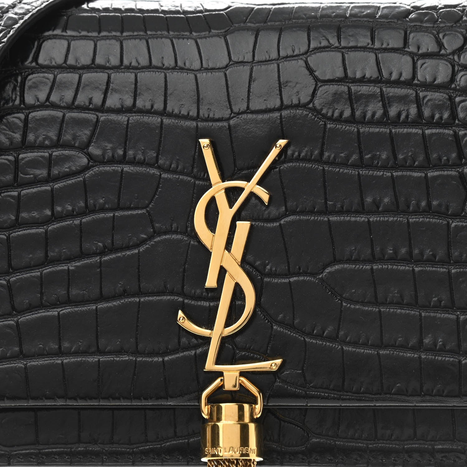 Saint Laurent Calfskin Crocodile Embossed Kate Monogram Tassel Chain Wallet Black 8 of 11