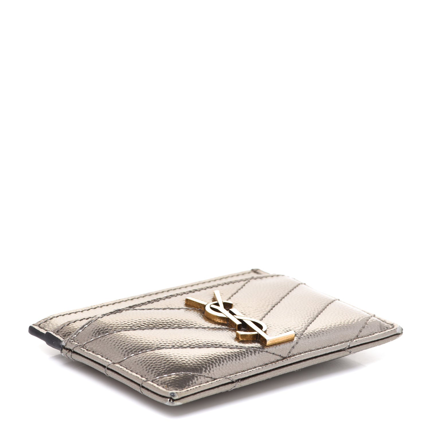 Saint Laurent Metallic Grain De Poudre Matelasse Chevron Monogram Credit Card Case Pimbo 4 of 11