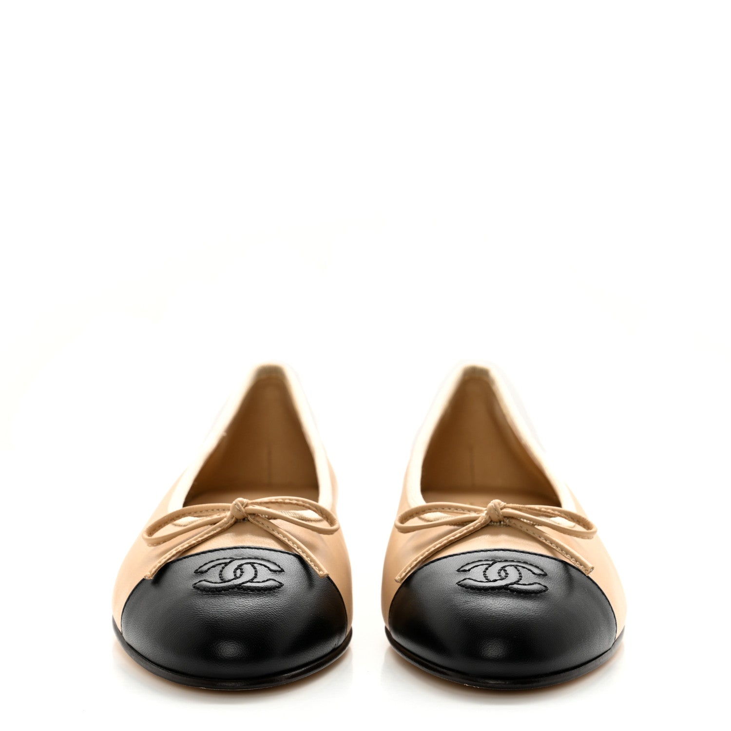 Chanel Lambskin Cap Toe CC Ballerina Flats 37.5 Beige Black 2 of 12