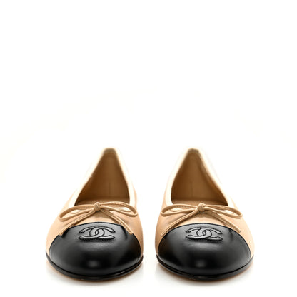 Chanel Lambskin Cap Toe CC Ballerina Flats 37.5 Beige Black 2 of 12