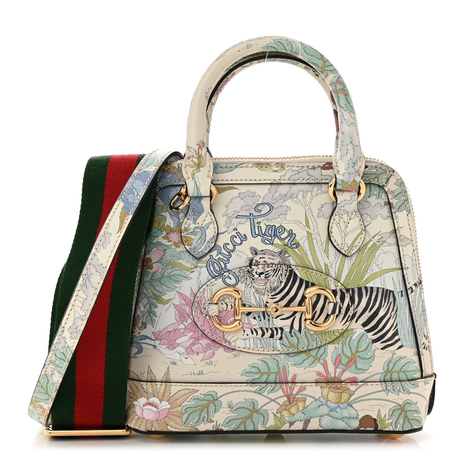 Gucci New Shangai Calfskin Tiger Savanah Web Mini Horsebit 1955 Top Handle Bag Chalky White Multicolor 1 of 10