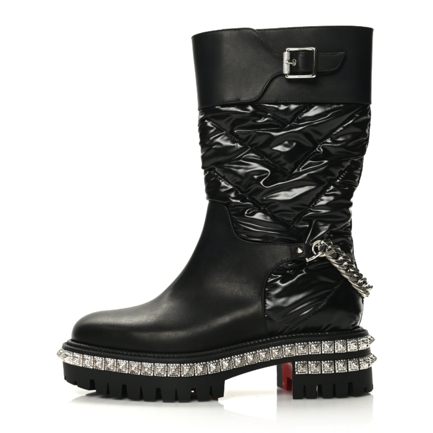 Christian Louboutin Glazed Fabric Quilted Calfskin Studded Chain Verdonna Boots 35.5 Black 1 of 6