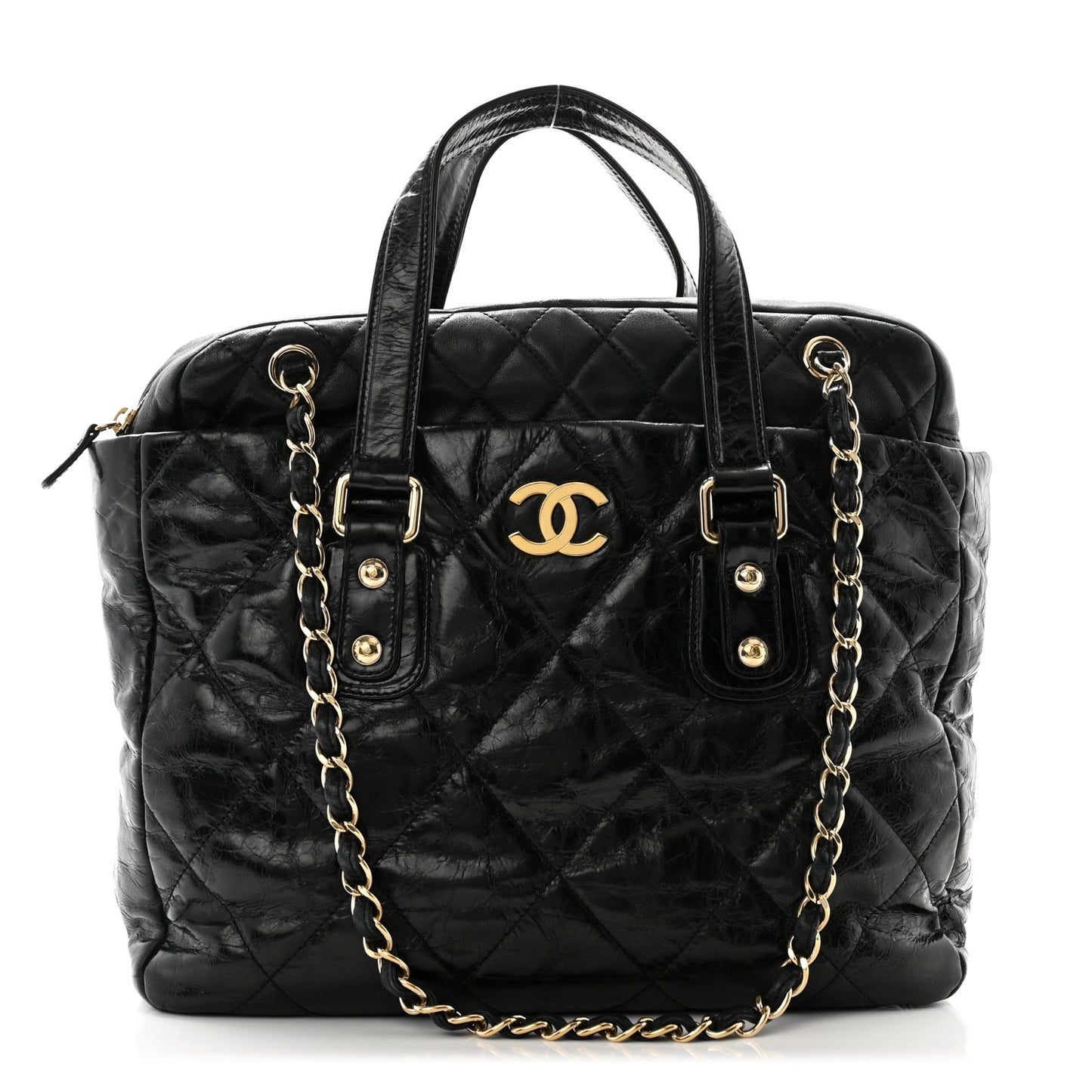 Glazed Calfskin Lambskin Quilted Portobello Tote Black