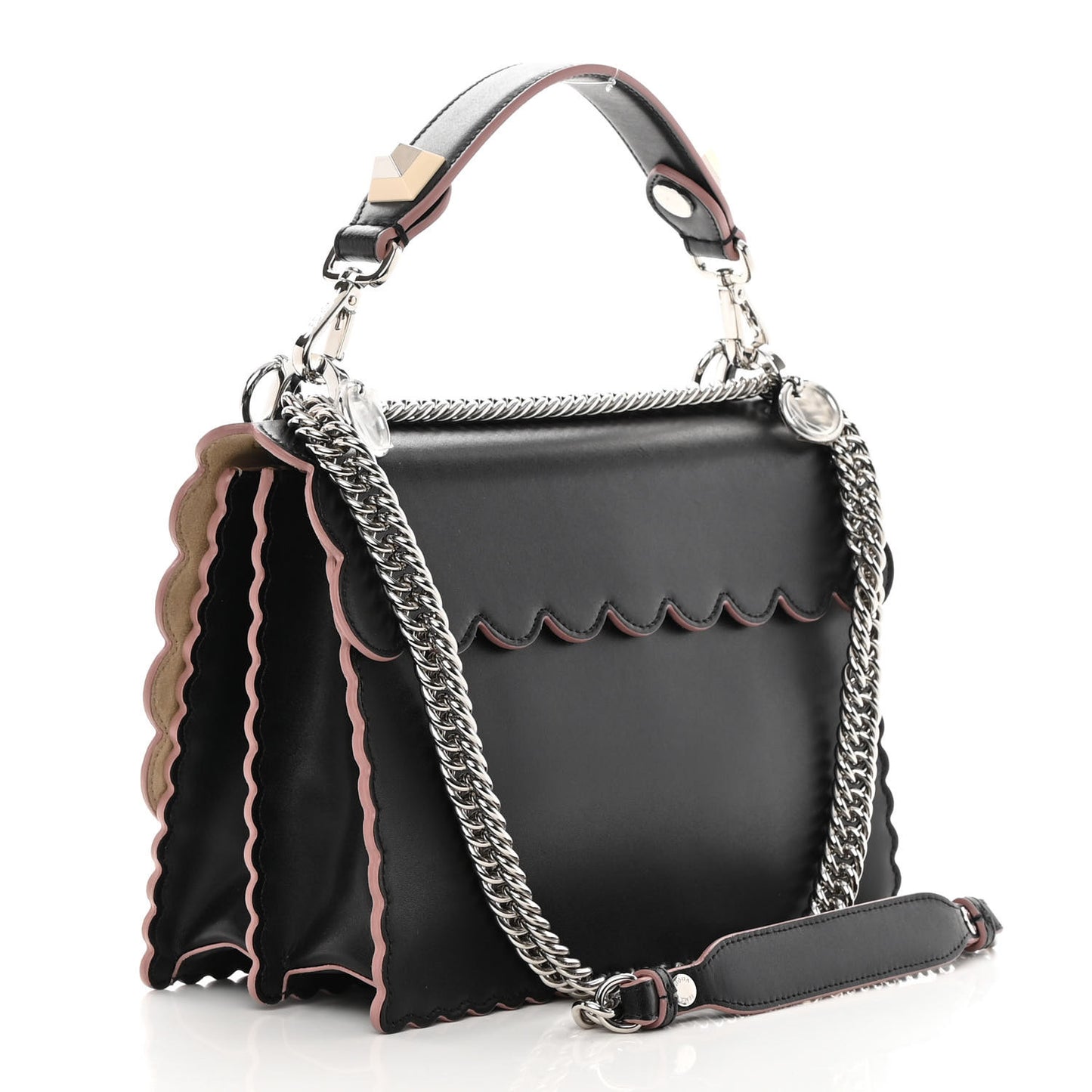 Vitello Liberty Pearl Bi-Color Flowers and Bow Scalloped Studded Kan I Shoulder Bag Black Soap