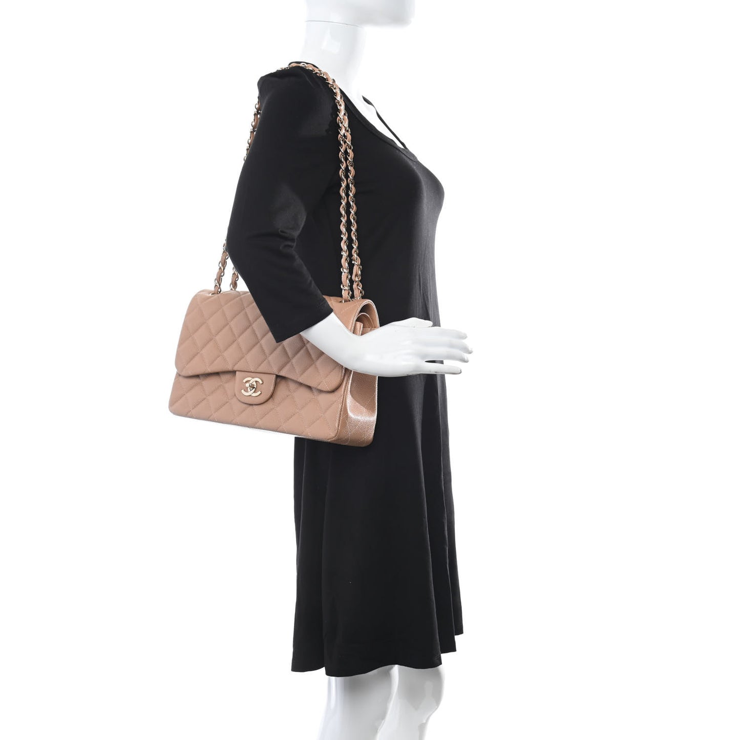 Caviar Quilted Jumbo Double Flap Beige