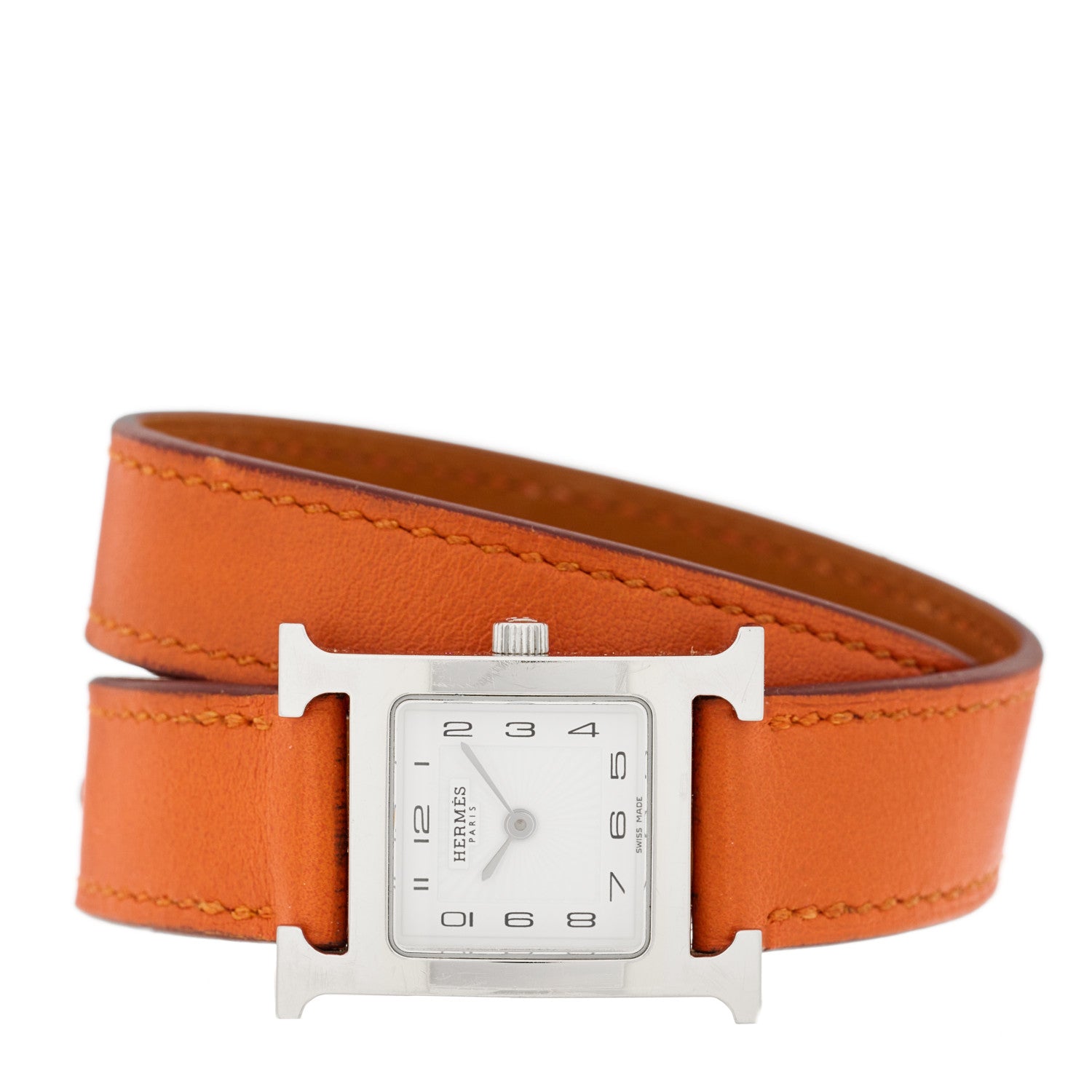 Hermes Stainless Steel Swift 21mm Heure H Hour Double Tour Quartz Watch Orange 2 of 4