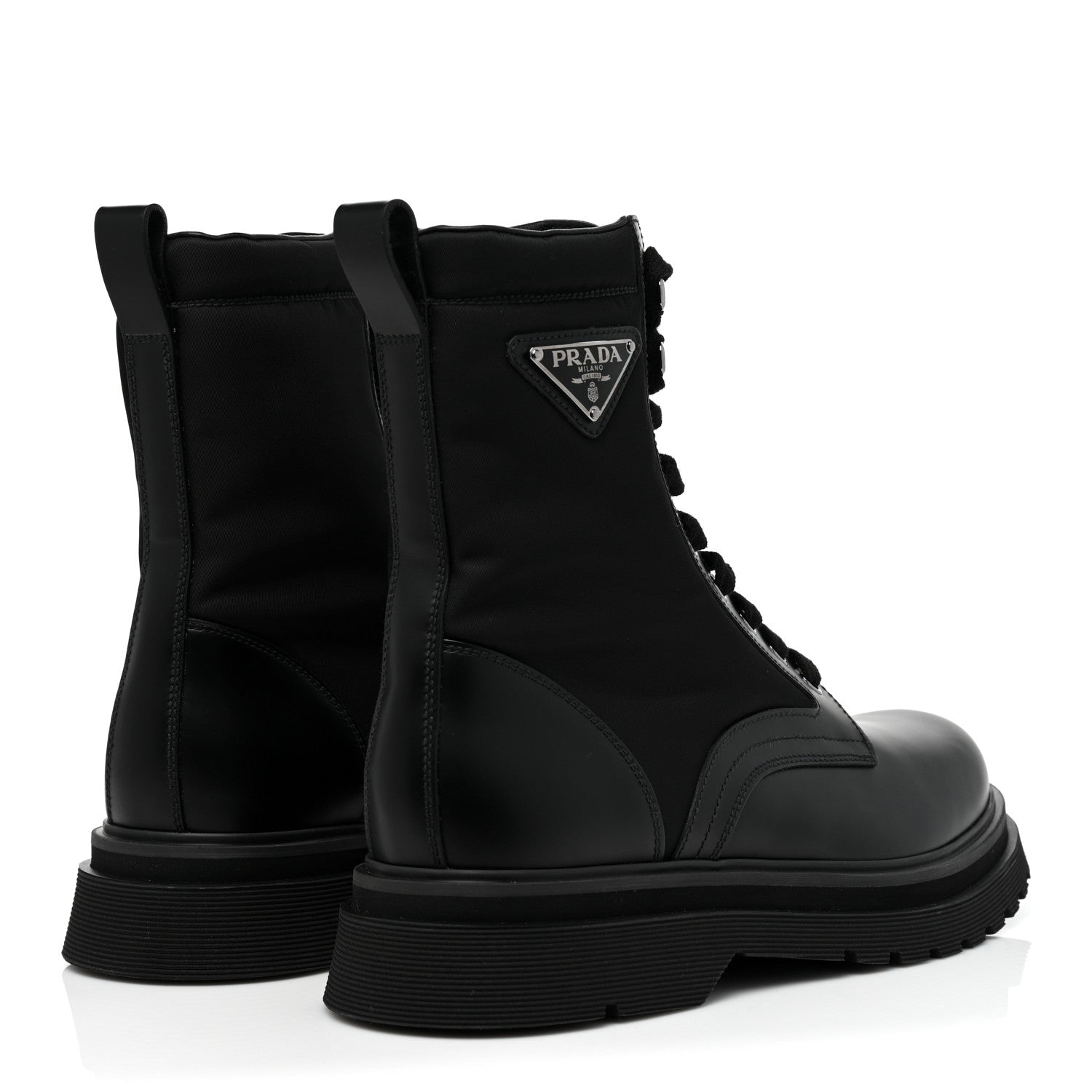 Prada Spazzolato Rois Re-Nylon Metal Triangle Logo Mens 40mm Combat Boots 6 Black 4 of 9