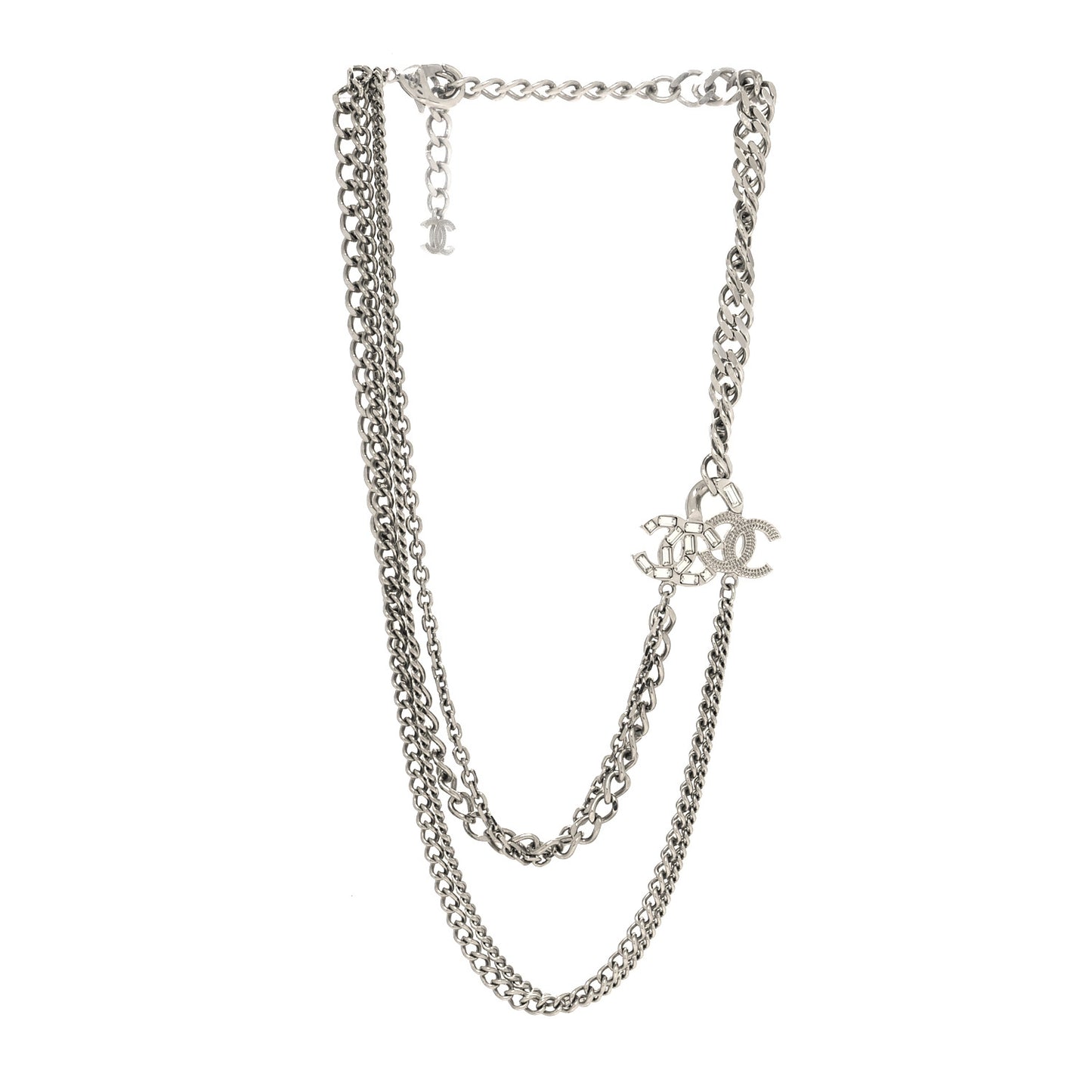Metal Multi Chain Crystal Baguette CC Necklace Silver