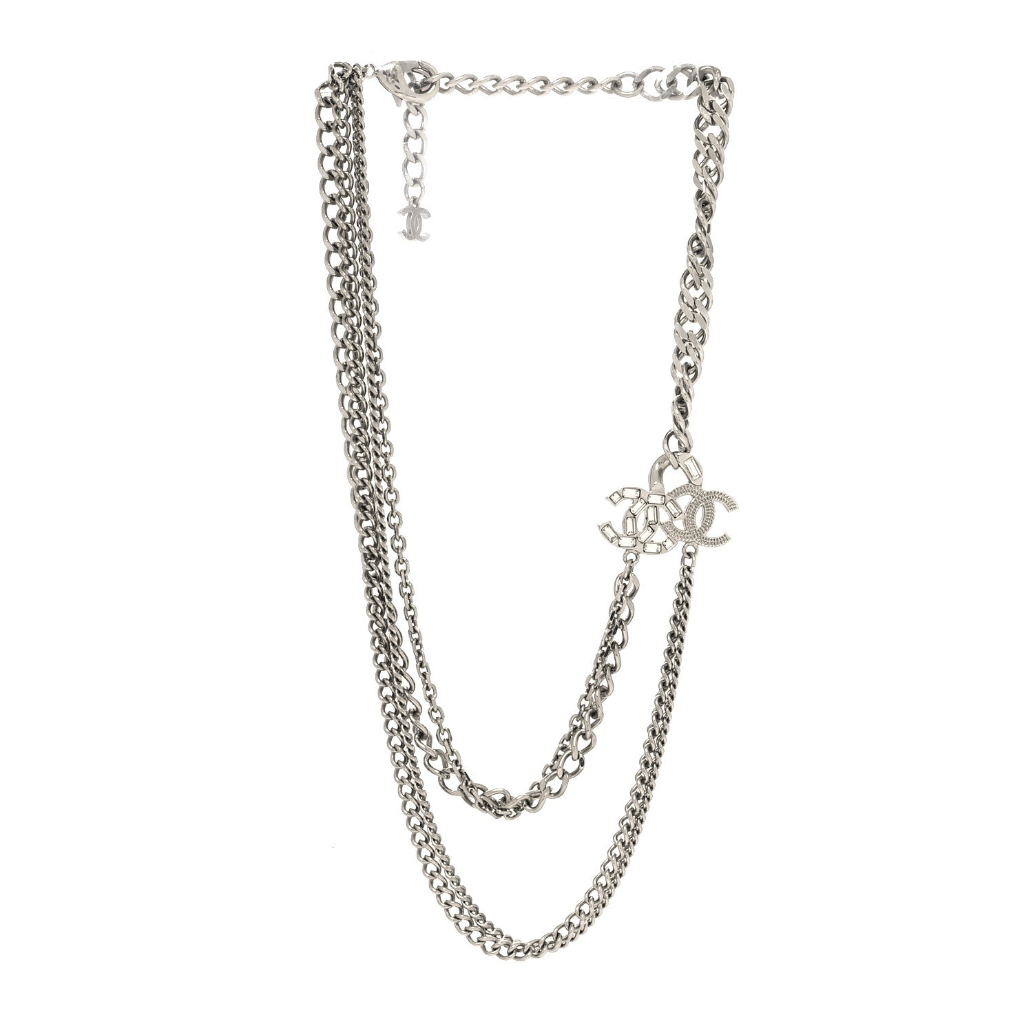 Chanel Metal Multi Chain Crystal Baguette CC Necklace Silver 3 of 5