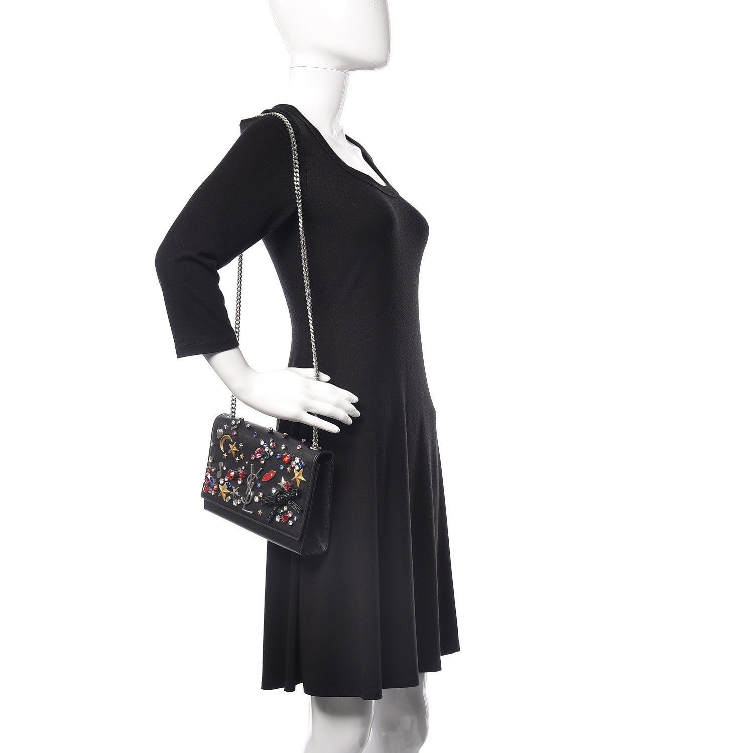 Saint Laurent Calfskin Embellished Medium Monogram Kate Satchel Black 2 of 11
