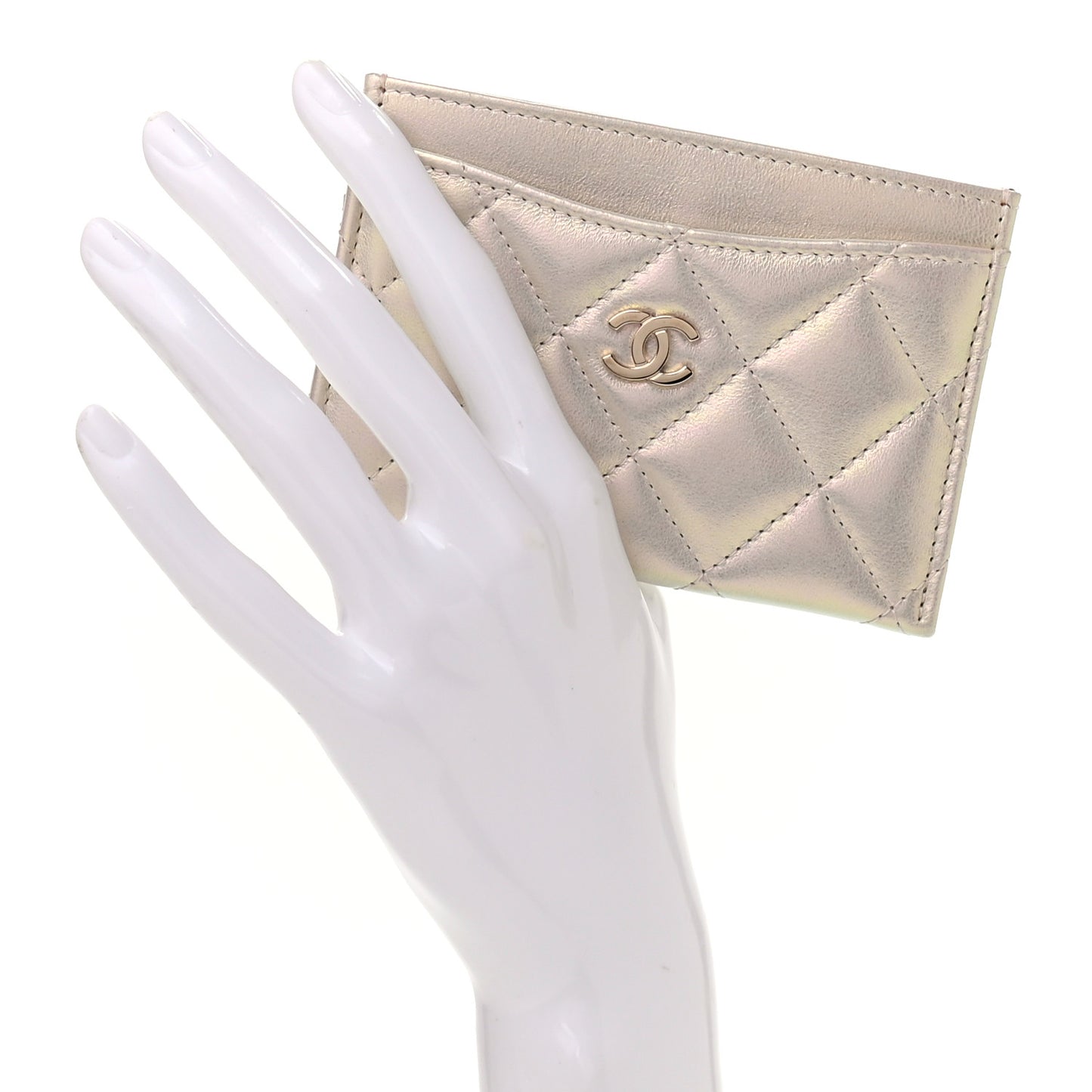 Iridescent Lambskin Quilted Card Holder Ivory