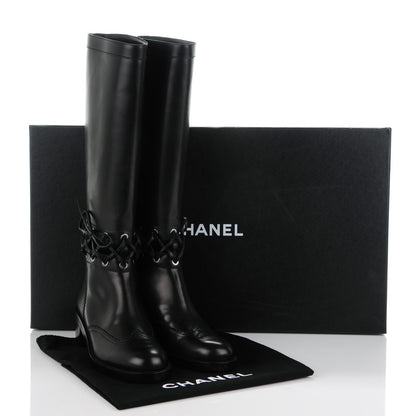 Chanel Calfskin Lace Up Knee High Boots 40.5 Black 9 of 9
